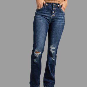 Women's Blue High-Waisted Distressed Button-Fly Denim Jeans Size 14